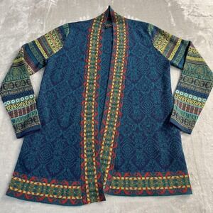 Icelandic Design Cardigan Sweater Womens L Blue Boho Knit Zip Pockets Geometric